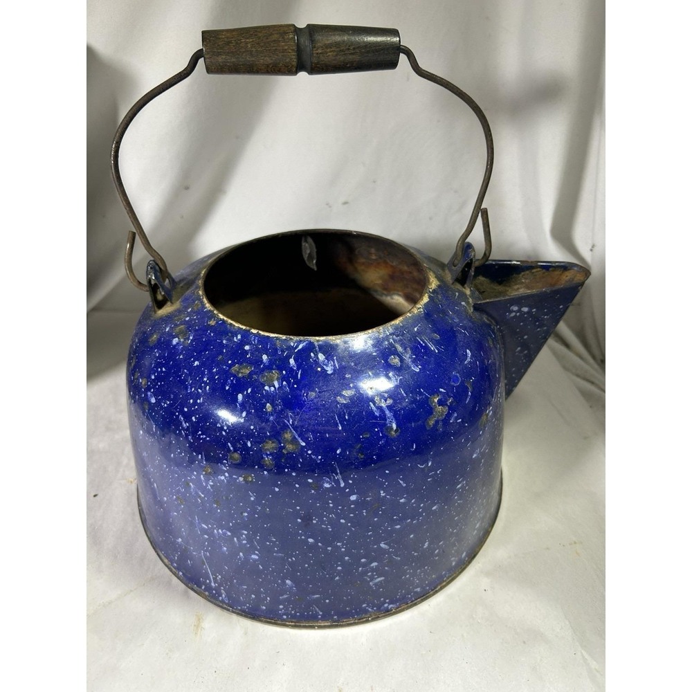Vintage Blue Speckled Enamelware Graniteware Coffee Tea Kettle Flower Pot Wood